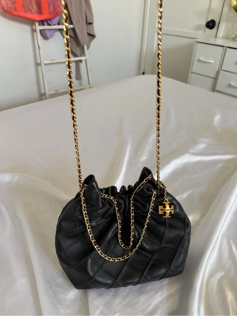 Tory Burch Black Quilted Mini Hobo with Gold Chain Hardware
